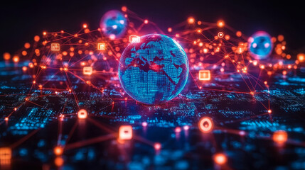 Global Document Collaboration Network with Advanced AI Tools and Digital Connectivity at Night, Visualizing International Business and Technology Integration