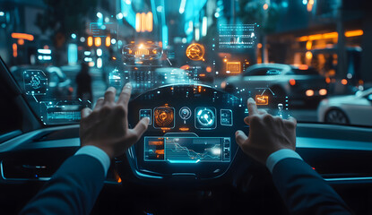 Futuristic Intelligent Car with Graphical User Interface at Night Heads-Up Display, Internet of Things, Connected Vehicle Technology with Interactive HUD Display design