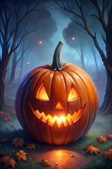 Halloween background with scary carved pumpkin in dark forest
