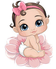 A cartoonish illustration of a baby girl with large, expressive blue eyes. She has brown hair and wears a pink bow on top of her head. The baby is
seated on a large pink flower