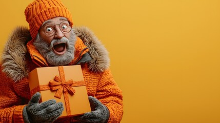 Fototapeta premium Surprised Old Man Opening a Gift with Joyful Expression