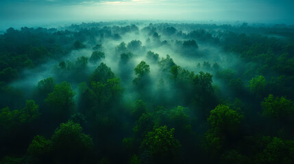 Fototapeta premium Misty Aerial View of Lush Green Forest on Foggy Morning - Tranquil Environment and Dreamy Landscape