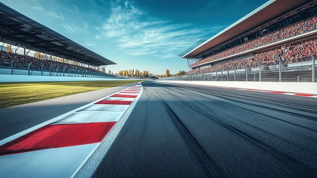 thrilling motorsport arena empty racetrack with sweeping curves, surrounded by packed grandstands, creating an electrifying atmosphere of anticipation.