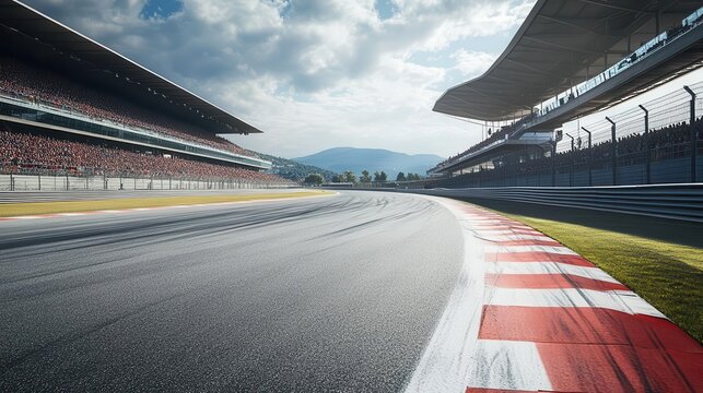 thrilling motorsport arena empty racetrack with sweeping curves, surrounded by packed grandstands, creating an electrifying atmosphere of anticipation.