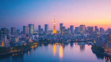 Obraz premium tokyo skyline at dusk, neon lights reflecting in tokyo bay, iconic landmarks visible, bustling streets and modern architecture creating vibrant cityscape