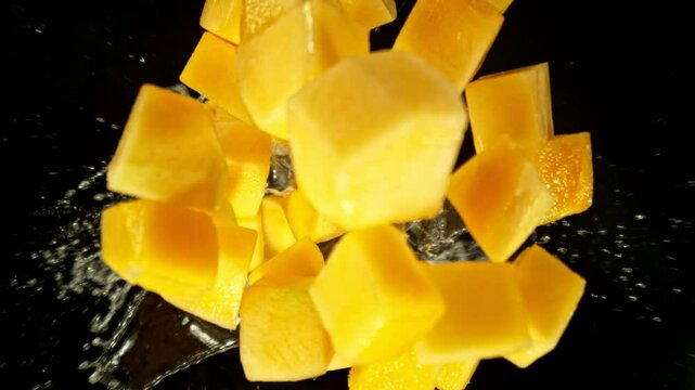 Super Slow Motion of Falling Mango Slices into Water, Black Background. Filmed on High Speed Cinema Camera, 1000 fps. Camera Tracking the Target.