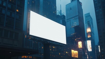 towering billboard mockup in a bustling urban setting, featuring a blank white space ready for advertising, set against a backdrop of sleek skyscrapers and city lights at dusk