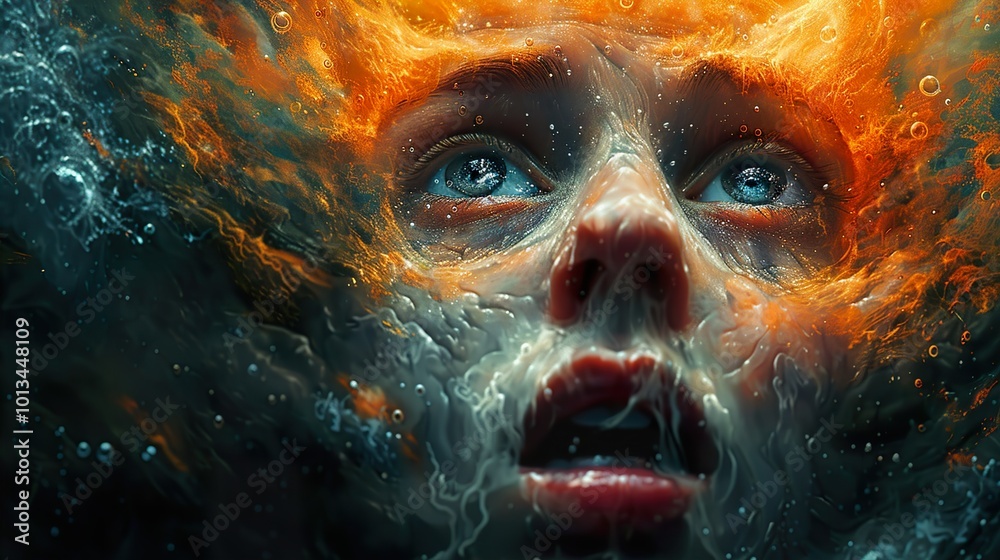 Wall mural Surreal Underwater Portrait: A Dreamlike Face Immersed in Water