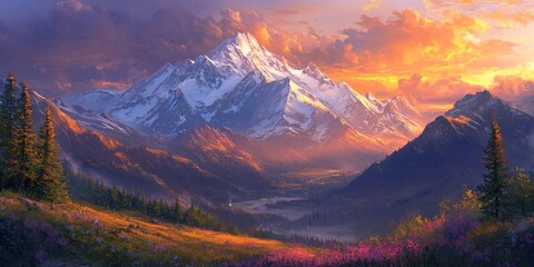 Obraz premium Majestic snow-capped mountain peak against a fiery sunset sky, with lush green forests and blooming wildflowers in the foreground.