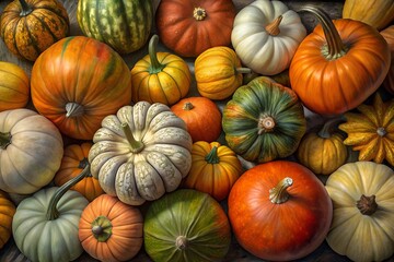 A collection of pumpkins in different colors, shapes, and textures, autumn's harvest