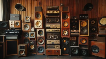 Obraz premium towering stack of vintage speakers, rich wood textures, retro audio equipment, dramatic lighting, music lover's dream setup