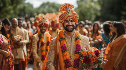 Fototapeta premium A grand procession of guests carrying gifts and offerings during a Traditional Indian wedding, set against a vibrant and colorful celebration