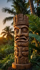 Wooden Tiki statue in a lush jungle during golden hour.