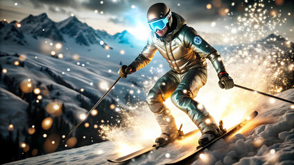 Naklejka premium Flat Glowing Skier in Abstract Snowstorm: Futuristic Winter Sports Concept for Product Promotions
