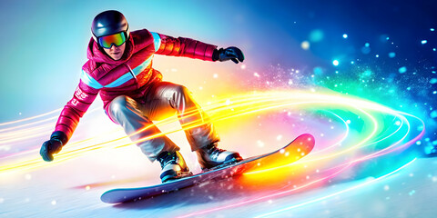 Dynamic Abstract Snowboarding: A Glowing Figure Surrounded by Radiant Neon Lights in a Futuristic Snowstorm - Energetic Winter Scene in Photo Stock