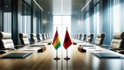 A modern conference room with Guinea and Albania flags on a long table, symbolizing a bilateral meeting or diplomatic discussions between the two nations.