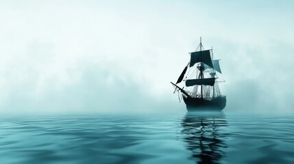 Fototapeta premium Mysterious Ship Silhouette in Misty Waters