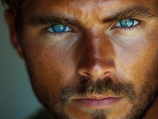 Obraz premium intense closeup portrait of a man with striking blue eyes conveying depth of emotion and character set against a neutral background that emphasizes his features and expression