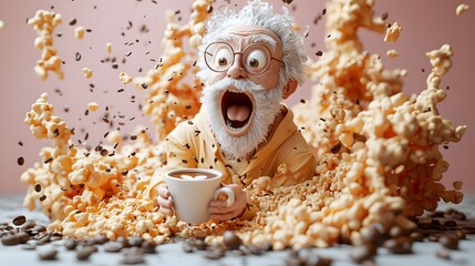 Surprise Expression of an Elderly Man with Coffee