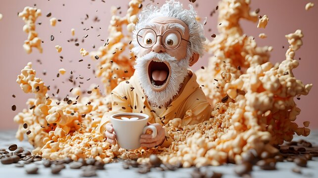 Surprise Expression of an Elderly Man with Coffee