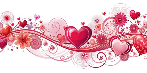 Vibrant pink and red hearts, flowers, and swirling patterns on a white background create a playful, festive Valentine's Day banner for romantic celebrations.
