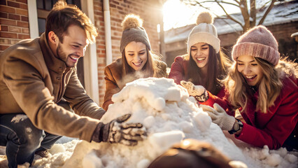 Fototapeta premium Candid Group of Friends Laughing While Building a Snow Fort in a Snowy Backyard - Winter Fun and Friendship Captured in a Playful Scene
