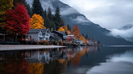 Fototapeta premium Tranquil Autumn Landscape: Colorful Leaves, Mirror Lake, Residential Houses, Mountains, Forests, Cloudy Sky