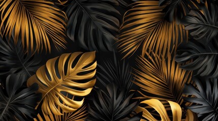 tropical dark monstera and palm leaves in black and gold, luxury exotic pattern