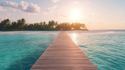 Fototapeta premium Serene Sunset Paradise: Tropical Island with Palm Trees, Sandy Beach, and Pier in Crystal Clear Water under Orange and Blue Skies