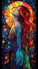 Stained glass artwork of a woman with red hair.