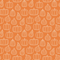 seamless pattern with different pumpkins; Halloween, autumn background - vector illustration