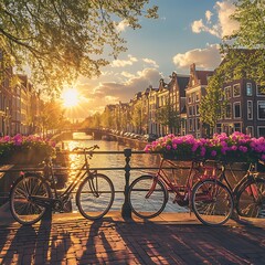Stunning sunset casting colors over Amsterdam canal featuring bicycle and flowers