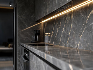 Modern kitchen with open fridge and marble accents