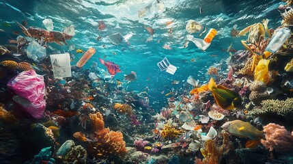 Fototapeta premium underwater scene of plastic pollution with sea creatures entangled in colorful debris, contrasting with pristine coral reefs