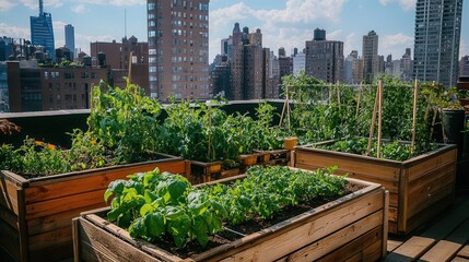 Fototapeta premium urban rooftop garden with raised wooden beds full of lush organic vegetables. vertical planters with climbing beans create a green oasis in a bustling cityscape.