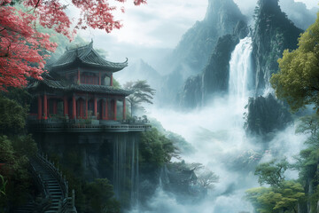 Ancient Eastern Mythology Mountain Temple Background