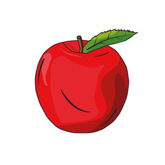 Vector illustration of a bright red apple with green leaves, suitable for logos, icons and graphic designs.