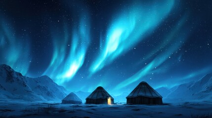 Aurora dancing above a wooden lodge, cozy retreat
