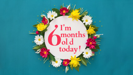 A circular sign with flowers announces "6 months old today!" celebrating a milestone.