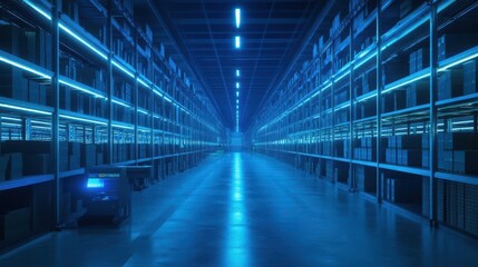 Obraz premium vast automated warehouse with robotic arms sorting packages, bathed in cool blue light. futuristic logistics hub with endless rows of neatly organized shelves stretching into the distance.