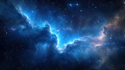 Fototapeta premium vast cosmic vista of a shimmering blue nebula stretching across a star-studded night sky, with swirling gas clouds and distant galaxies creating an awe-inspiring celestial tapestry