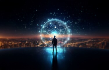 A person stands in front of a glowing sphere, looking over a city skyline.