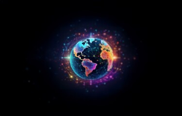 Fototapeta premium A colorful glowing Earth encased in a geometric web of light against a dark background.