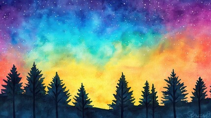 Northern lights with pine trees silhouette, colorful sky