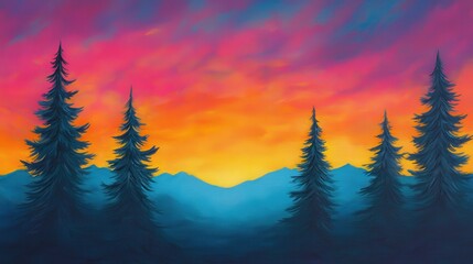 Northern lights with pine trees silhouette, colorful sky