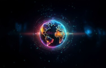 Obraz premium A glowing, colorful globe with lines and geometric patterns against a dark, starry background.