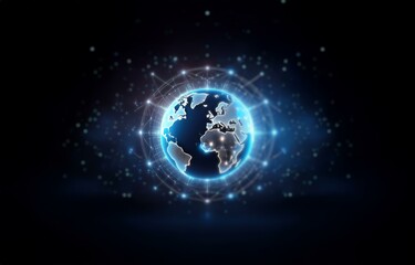 Obraz premium A glowing, blue globe with a web-like structure around it on a dark background.