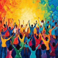 A vibrant painting of a diverse group of people reaching towards the light.
