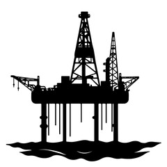 Vector illustration of a black silhouette offshore oil rig in the sea, highlighting oil drilling operations in a marine setting.