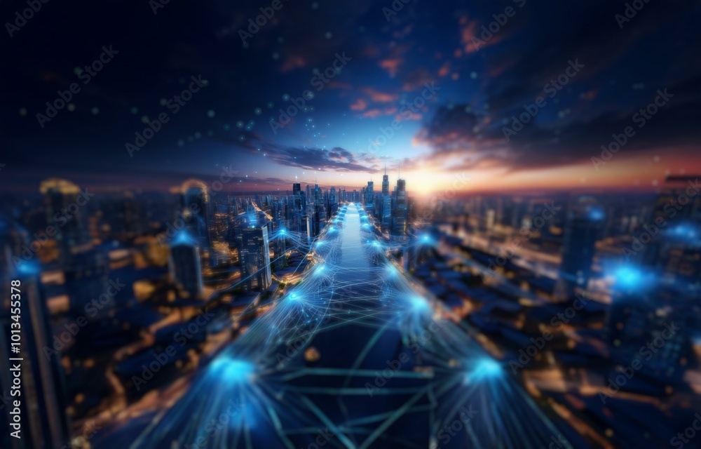 Canvas Prints A city at night with a glowing blue network over a river.